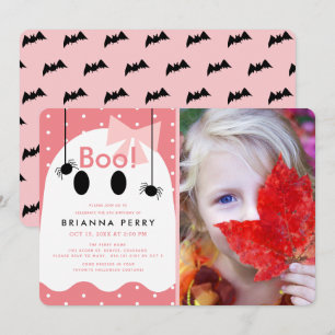 Boo! Halloween Ghost Girl Rosa Photo Birthday Inbjudningar