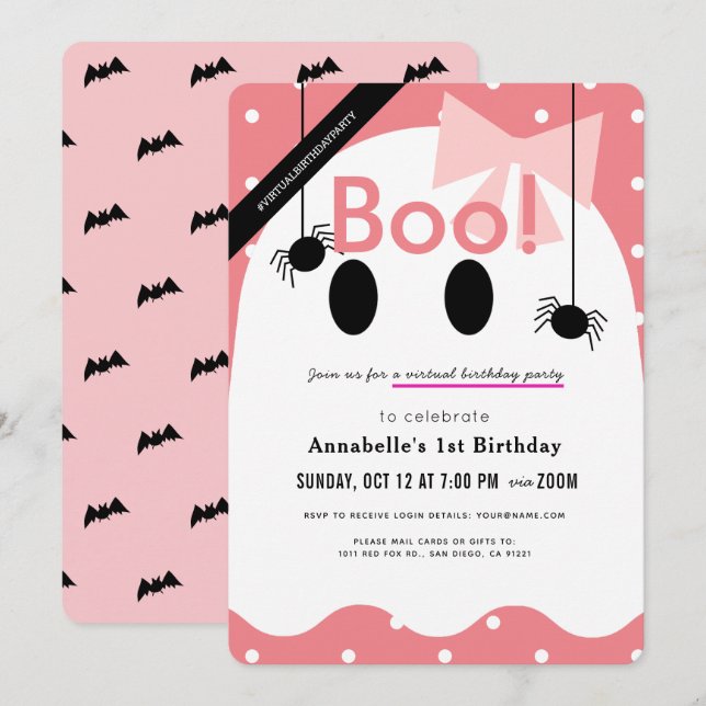 Boo! Halloween Ghost Girl Rosa Virtuell Birthday Inbjudningar (Fram/baksida)