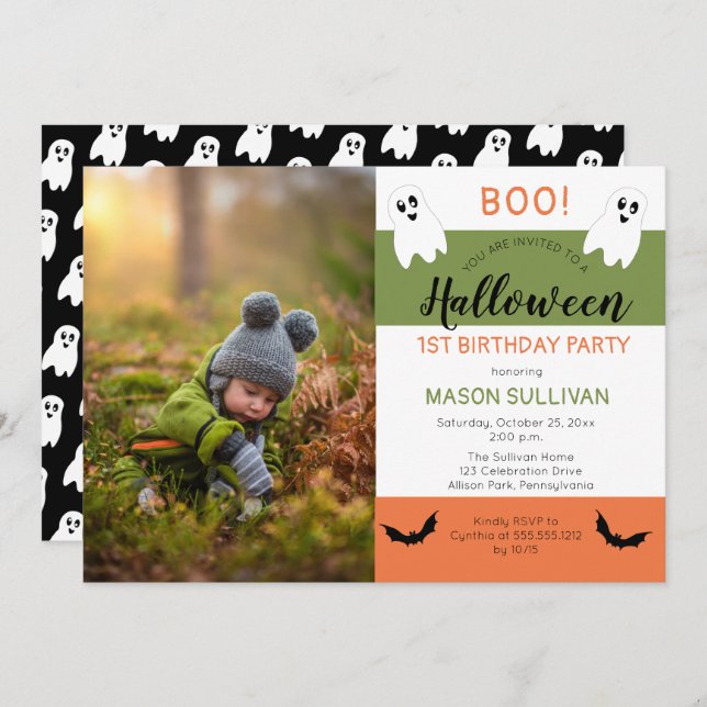Boo Halloween Ghost Photo 1st Birthday Party Invit Inbjudningar (Fram/baksida)