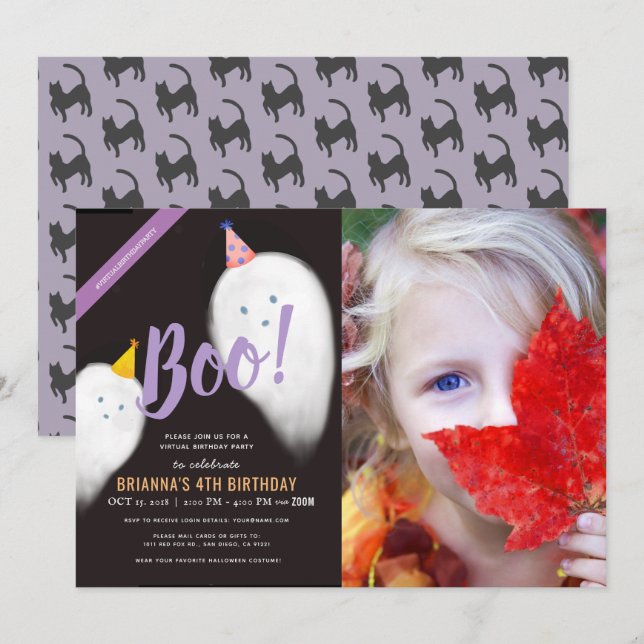 Boo! Halloween Ghost Photo Virtuell Birthday Inbjudningar (Fram/baksida)