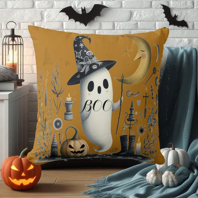 Boo Halloween Ghost Starry Night Halva Måne Jack Kudde (Boo Halloween Ghost Starry Night Half Moon Jack Throw Pillow)