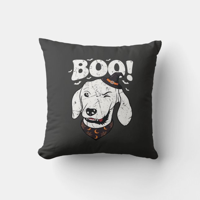 Boo Halloween Hund Häxa Hatt Fladdermöss Kudde (Framsida)