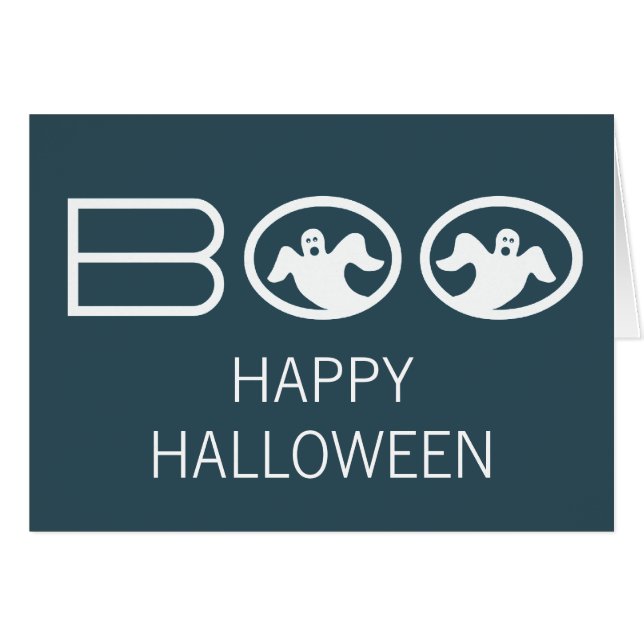 Boo Halloween-kort, blått och vitt Hälsningskort (Framsidan Horizontal)