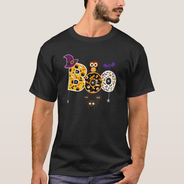 Boo Halloween med spindlar och häxhatt uggla pojka T Shirt (Framsida)
