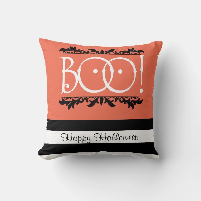 Boo! Halloween Orange & Black White Stripe-Chic Kudde (Framsida)