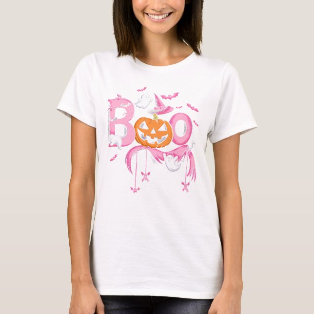 BOO Halloween Shirt Rosa Spooky Season Ghost T (Framsida)