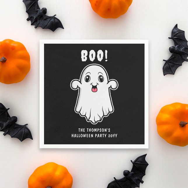 Boo Halloween-spöke Anpassad text Svart och vit Pappersservett (Cute design for the spooky Halloween season. Personalize with your custom text.)