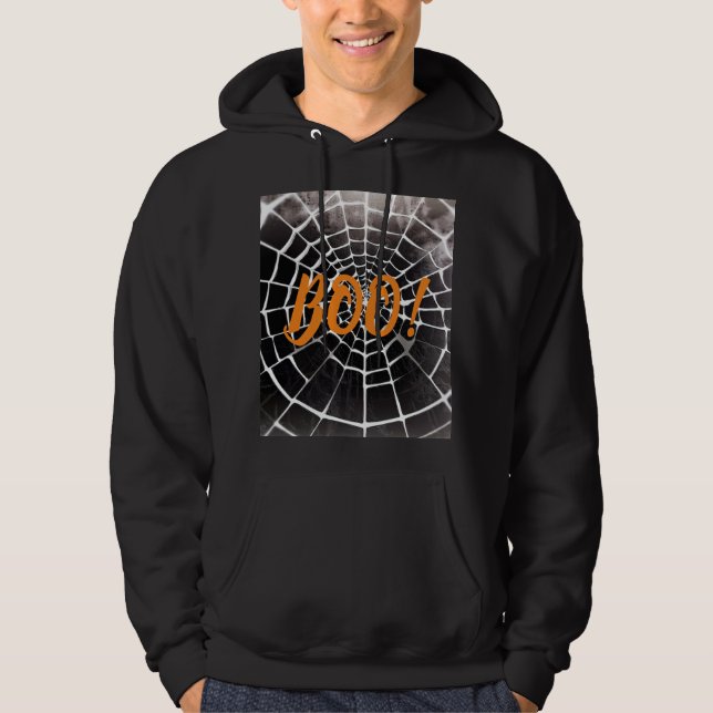 Boo! Halloween Spooky Spindelnät Mönster Monochrom Hoodie (Framsida)