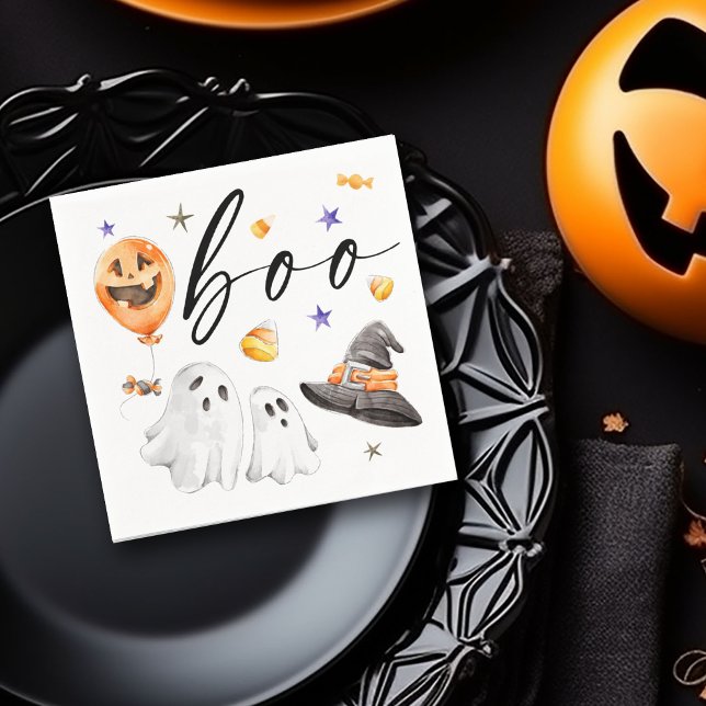 Boo Halloween Watercolor Party Pappersservett (Boo! Halloween watercolor ghosts, witch hat, pumpkin balloon and candy corn designed napkin,)