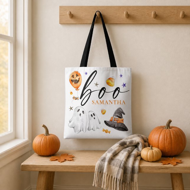 Boo Halloween Watercolor Vit Tygkasse (Bring cheerful Halloween style to shopping and seasonal outings with this personalized reusable bag.)
