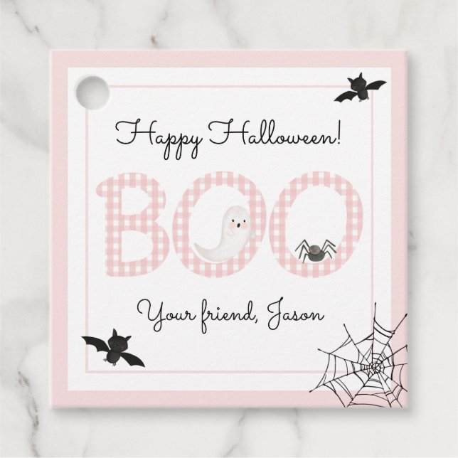 BOO Happy halloween Gingham Rosa Girl Girl Girl Sp Gåvor Etiketter (Framsida)