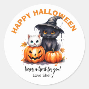 Boo! Happy halloween vänligt spöke och katt Runt Klistermärke