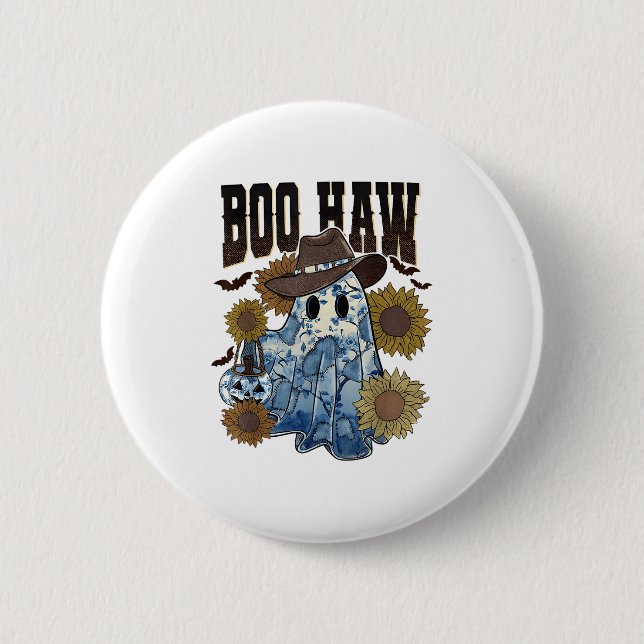 Boo Haw Cowboy Ghost Blue Denim Trendig Patchwork  Knapp (Framsida)