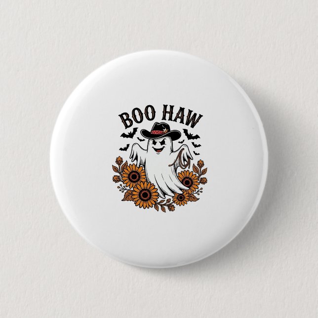 Boo Haw Cowboy Spöke Solros Fladdermöss Halloween_ Knapp (Framsida)