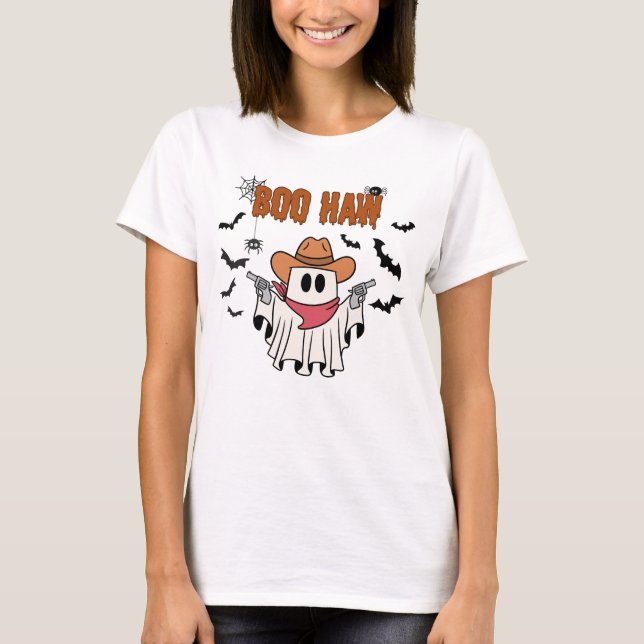 Boo Haw - Cute Ghost Cowboy Halloween Western T Shirt (Framsida)