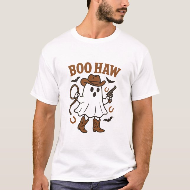 BOO HAW Ghost Cowboy Western Halloween T Shirt (Framsida)