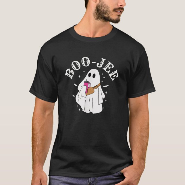 Boo Jee Ghost Drinking Coffee Coquette Bow Hallowe T Shirt (Framsida)