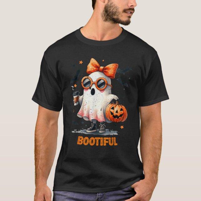 Boo Jee Ghost Drinking Coffee Coquette Bow Hallowe T Shirt (Framsida)