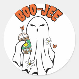 Boo-Jee Halloween Ghost med iserad kaffe i handen Runt Klistermärke