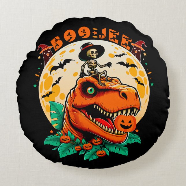 BOO-Jee Halloween: T-Rex & Skeleton Roligt Design! Rund Kudde (Framsidan)