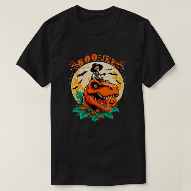 BOO-Jee Halloween: T-Rex & Skeleton Roligt Design! T Shirt (Design framsida)