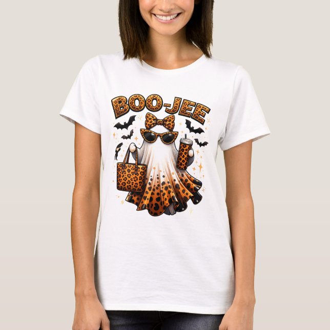 Boo Jee Leopard Print Ghost Halloween Kaffe Konst T Shirt (Framsida)