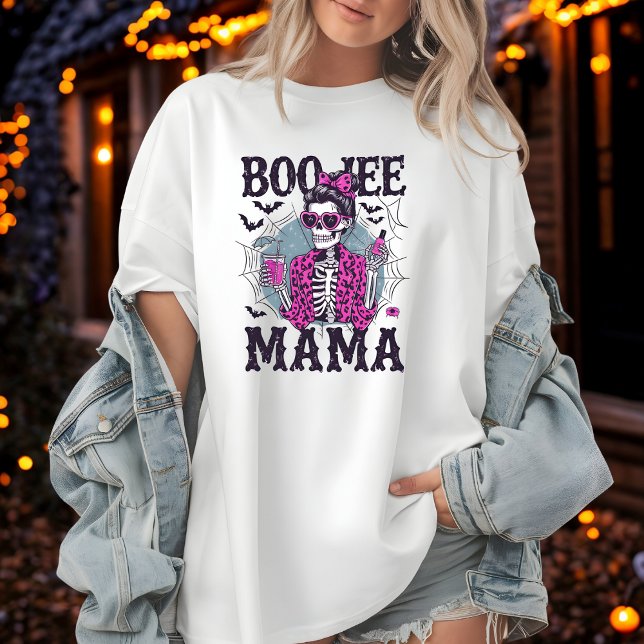 Boo-Jee Mamma Skeleton i Rosa Päls Halloween Desig T Shirt (Skapare uppladdad)