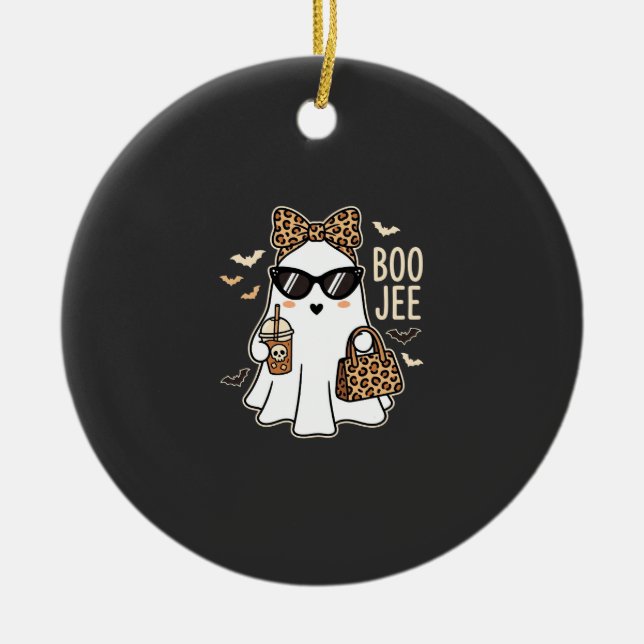 Boo Jee Söt Spöke Halloween Leopard Design_1 Julgransprydnad Keramik (Framsidan)