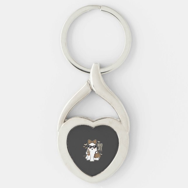 Boo Jee Söt Spöke Halloween Leopard Design_1 Twisted Heart Silverfärgad Nyckelring (Framsidan)