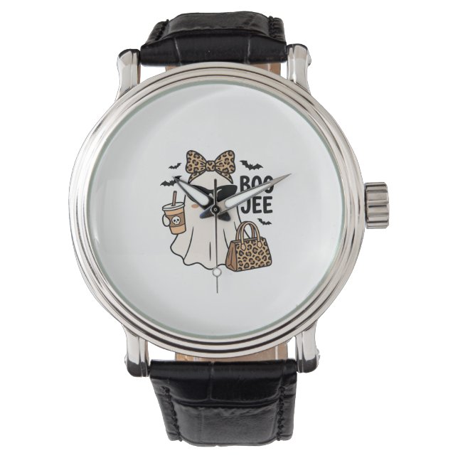 Boo Jee Spök Halloween Leopard Slöja Vektor Design Armbandsur (Framsida)