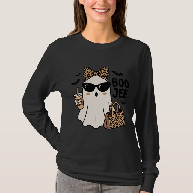 Boo Jee Spök Halloween Leopard Slöja Vektor Design T Shirt (Framsida)