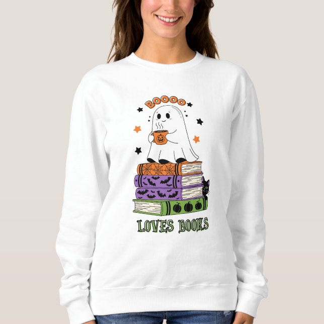 Boo Kärlek Bokar Cute Ghost Reading Halloween Art T Shirt (Framsida)