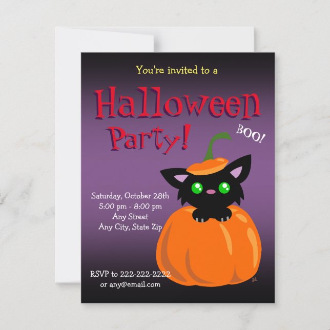 BOO! Katt i Pumpkin Halloween/Birthday Inbjudan (Framsida)
