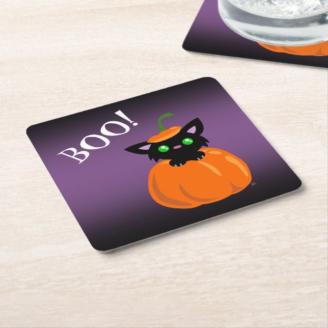 BOO! Katt i Pumpkin Halloween Papper Underlägg (Vinklad)