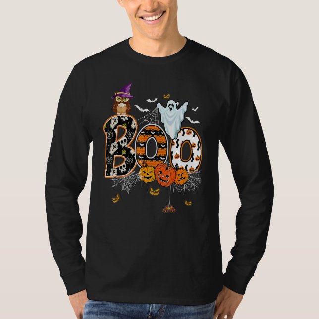 Boo Kuslig Uggle Pumpa Spöke Halloween Kostym T Shirt (Framsida)