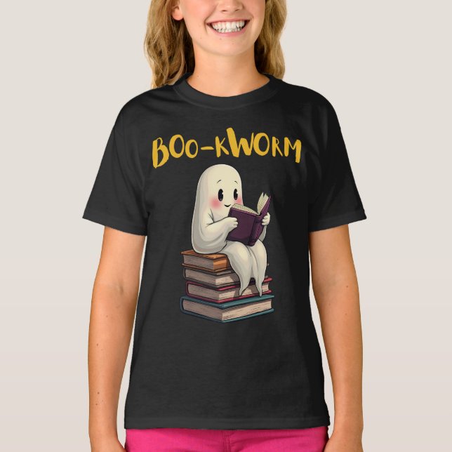 Boo-kworm läser mer Bokar Ghost läser Halloween T Shirt (Framsida)