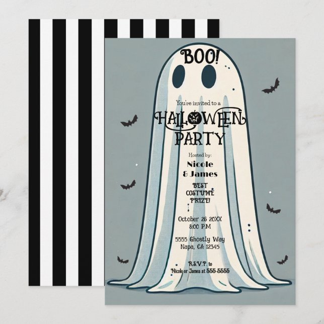 BOO! Lakan Ghost Vintage Grönt Halloween Inbjudningar (Fram/baksida)