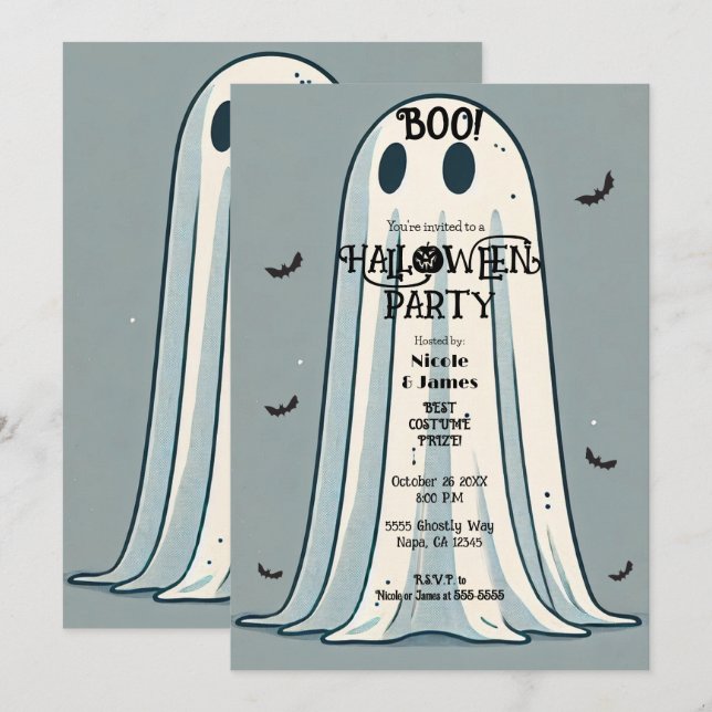 BOO! Lakan Spöke Vintage Grönt Halloween Inbjudningar (Fram/baksida)