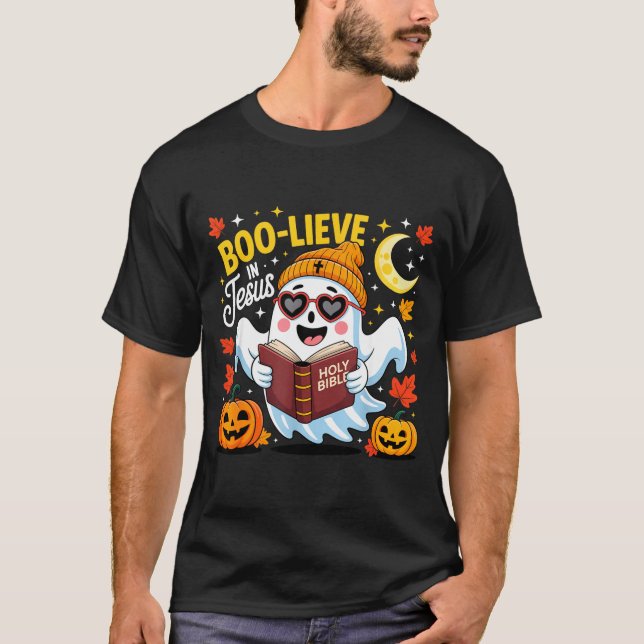 Boo-lieve In Jesus Ghost Christian Halloween Funny T Shirt (Framsida)