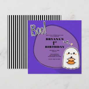 BOO! Liten spöklik lila Halloween 1-års födelsedag Inbjudningar
