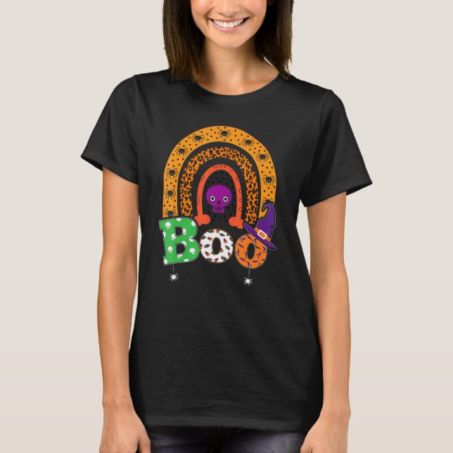 Boo Med Spindlar Och Häxhatt Halloween Regnbåge 3 T Shirt (Framsida)