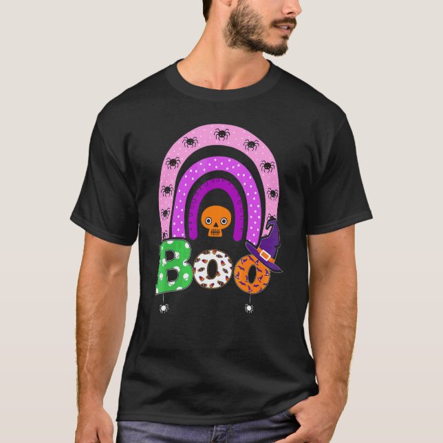 Boo Med Spindlar Och Häxhatt Halloween Regnbåge 4 T Shirt (Framsida)