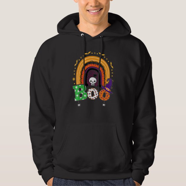 Boo Med Spindlar Och Häxhatt Halloween Regnbåge   Hoodie (Framsida)