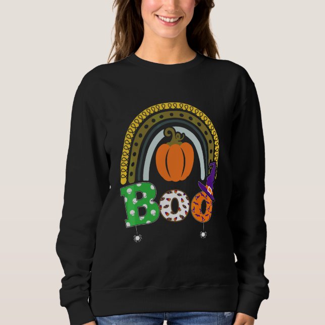 Boo Med Spindlar Och Häxhatt Halloween Regnbåge   T Shirt (Framsida)
