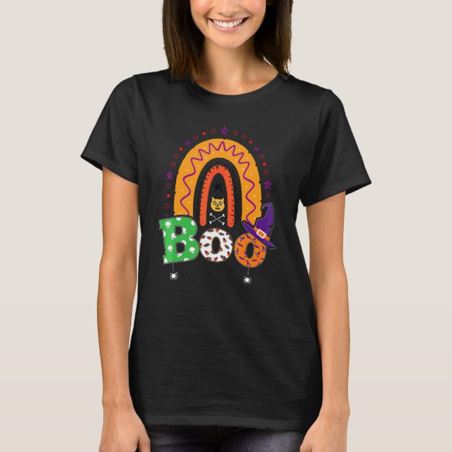 Boo Med Spindlar Och Häxhatt Halloween Regnbåge   T Shirt (Framsida)