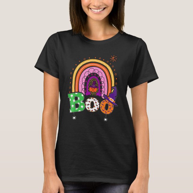 Boo Med Spindlar Och Häxhatt Halloween Regnbåge   T Shirt (Framsida)