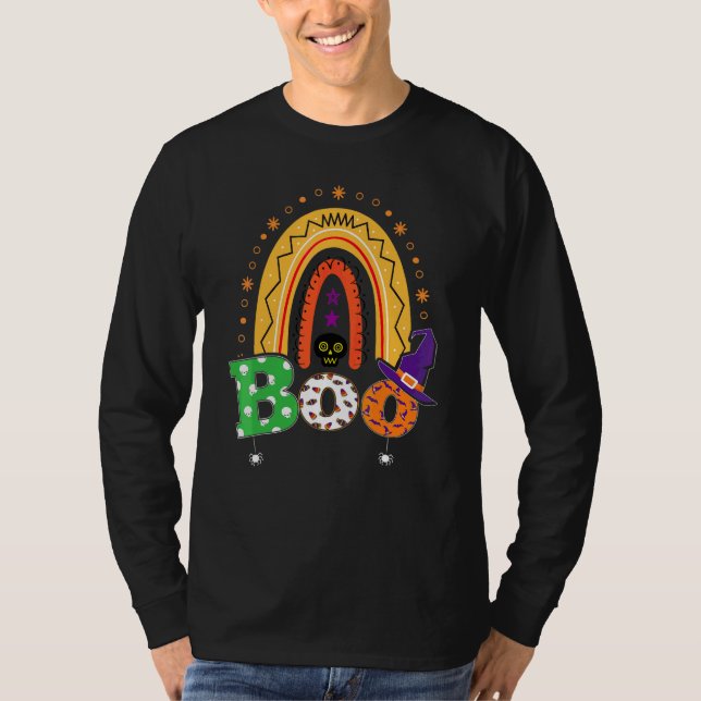Boo Med Spindlar Och Häxhatt Halloween Regnbåge   T Shirt (Framsida)