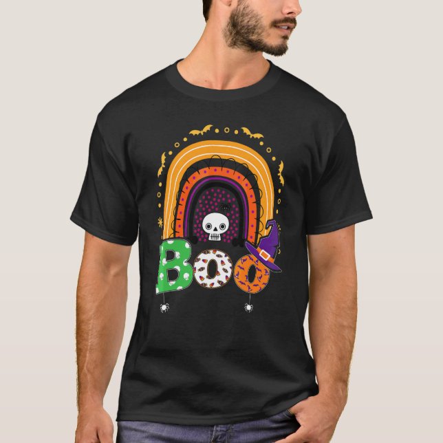 Boo Med Spindlar Och Häxhatt Halloween Regnbåge   T Shirt (Framsida)