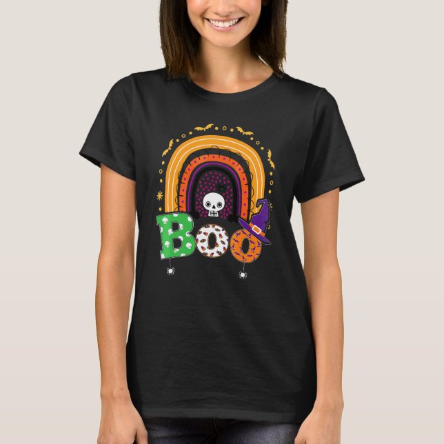 Boo Med Spindlar Och Häxhatt Halloween Regnbåge   T Shirt (Framsida)