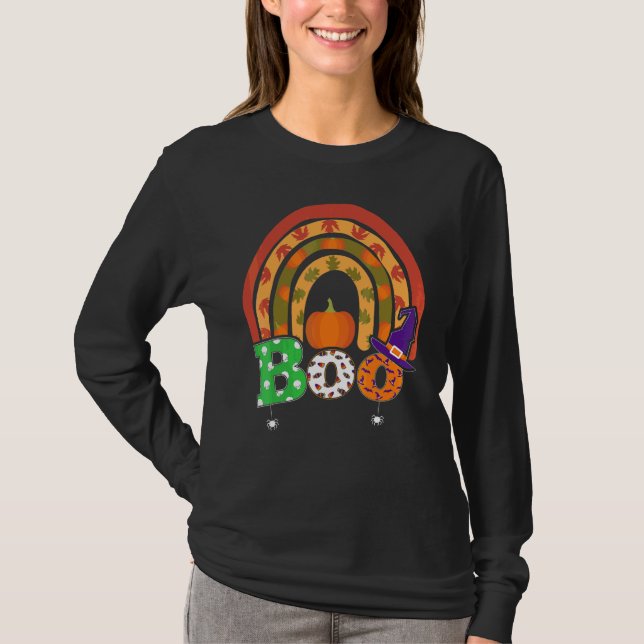 Boo Med Spindlar Och Häxhatt Halloween Regnbåge   T Shirt (Framsida)